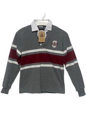 Barbarian Casual Rugby Shirt Gray Stripe Long Sleeve Polo Youth Large Charleston